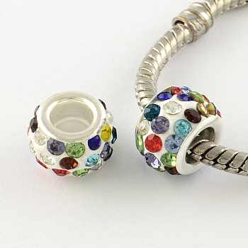 Polymer Clay Rhinestone European Large Hole Beads with Silver Color Plated Brass Cores, Rondelle, Colorful, 11~12x7~7.5mm, Hole: 5mm