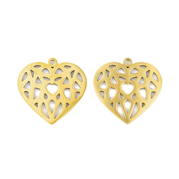 5Pcs 201 Stainless Steel Pendants, Laser Cut, Heart Charm, Real 18K Gold Plated, 17x17.5x1mm, Hole: 1.4mm