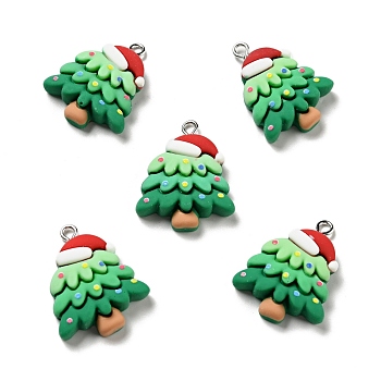 Christmas Opaque Resin Pendants, with Platinum Tone Iron Loops, Christmas Tree with Hat Charm, Sea Green, 28.5x22x6.5mm, Hole: 2x2.8mm