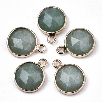 Natural Green Aventurine Charms, with Light Gold Plated Brass Edge and Loop, Half Round/Dome, Faceted, 14x11x5mm, Hole: 1.5mm