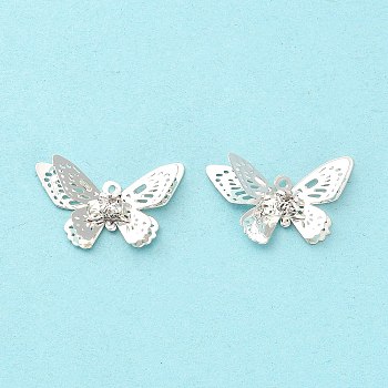 Brass Pendants, with Rhinestone, Butterfly Charm, Silver, 12.5x20.5x4mm, Hole: 0.9mm