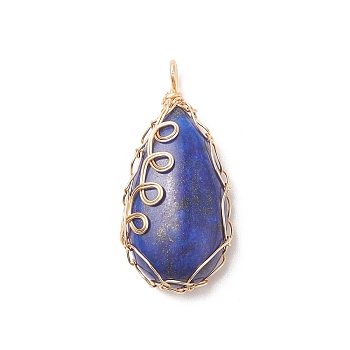 Natural Lapis Lazuli Copper Wire Wrapped Pendants, Teardrop Charms, Golden, 36x17x8mm, Hole: 3x2mm