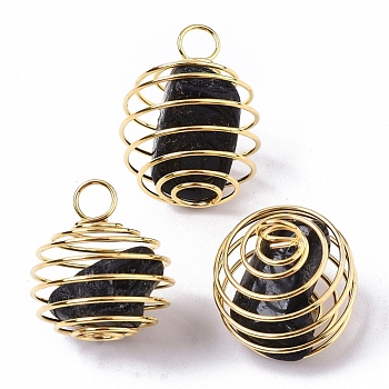 Iron Wrap-around Spiral Bead Cage Pendants, with Natural Black Tourmaline Beads inside, Round, Golden, 21x24~26mm, Hole: 5mm