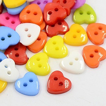 Acrylic Heart Buttons, Plastic Sewing Buttons for Costume Design, 2-Hole, Dyed, Mixed Color, 14x14x3mm, Hole: 1mm