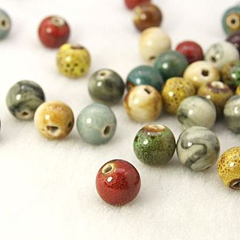 Handmade Fancy Antique Glazed Porcelain Beads, Round, Mixed Color, 14mm, Hole: 2mm