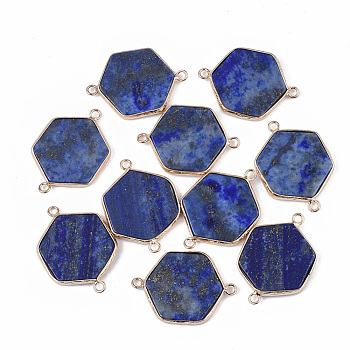 Natural Lapis Lazuli Links connectors, with Golden Tone Brass Open Back Settings, Hexagon, 35x25x3.5mm, Hole: 2mm