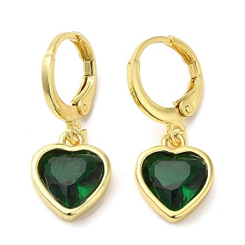 Real 18K Gold Plated Brass Dangle Leverback Earrings, with Heart Glass, Green, 25.5x10mm