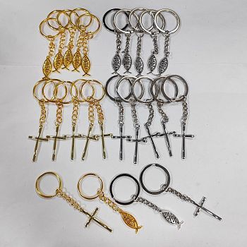 Jesus Fish & Cross Tibetan Style Alloy Pendant Keychain, with Iron Split Key Rings, for Car Key Bag Decoration, Platinum & Golden, 8.3~9.3cm, 2 color, 12pcs/color, 24pcs/set
