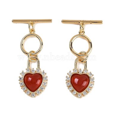 Real 18K Gold Plated Red Heart Brass+Cubic Zirconia Toggle Clasps