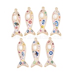 Printed Alloy Enamel Pendants, Fish with Evil Eye Pattern Charms, with Rhinestone and Resin Imitation Cat Eye, Cadmium Free & Nickel Free & Lead Free, Rack Plating, Golden, 43.5x16.5x6.5mm, Hole: 1.6mm(RB-CBAA915-02G)