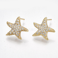 Brass Micro Pave Cubic Zirconia Stud Earring Findings, with Loop, Starfish/Sea Stars, Clear, Nickel Free, Real 18K Gold Plated, 13x14mm, Hole: 1mm, Pin: 0.7mm(KK-S350-023G)
