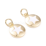 Brass Enamel Charms, with Jump Rings, Long-Lasting Plated, Flat Round with Star, White, Real 18K Gold Plated, 12.5x10x2mm, Hole: 3mm(KK-F814-20G)