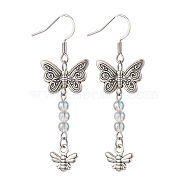 Butterfly & Bees Alloy Dangle Earrings for Women, with Brass Earring Hooks and Acrylic Beads, Antique Silver, 54x17mm(EJEW-JE05886)