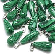 Synthetic Malachite Pendants, with Stainless Steel Snap On Bails, teardrop, 28~30x10~12mm, Hole: 6x4mm(G-T081-22)