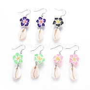 Brass Dangle Earrings, with Shell and Handmade Polymer Clay Plumeria Flower, Mixed Color, 53mm(EJEW-JE02961-M)