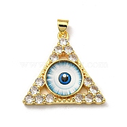 Real 18K Gold Plated Brass Pendants, with Glass and Acrylic, Triangle With Evil Eye Charms, Light Blue, 27x28x7mm, Hole: 4x3.5mm(KK-L209-007G-10)