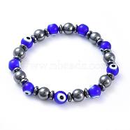 Handmade Evil Eye Lampwork Beads Stretch Bracelets, with Non-Magnetic Synthetic Hematite Beads, Round, Blue, 2-1/4 inch(5.8cm)(BJEW-JB04461-02)
