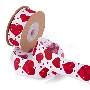 Single Face Polyester Heart Printed Satin Ribbon, Wired Ribbon, for Valentine's Day Gift Packaging, Red, 1 inch(25mm), about 5.46 yards(5m)/roll(OCOR-L044-03)