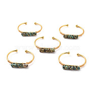 Natural African Turquoise(Jasper) Triple Column Beaded Open Cuff Bangle, Wire Wrape Brass Jewelry for Women, Golden, Inner Diameter: 2-1/8 inch(5.45~5.55cm)(BJEW-E377-01G-13)