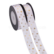 Polyester Satin Ribbon, with Single Face Golden Hot Stamping, Star Pattern, White, 5/8"(16mm), 10yards/roll(9.14m/roll)(OCOR-TAC0001-12B)