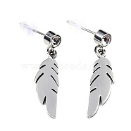 201 Stainless Steel Dangle Stud Earrings, with Clear Cubic Zirconia, Feather, Stainless Steel Color, 26mm, Pin: 0.8mm(EJEW-T008-JN749)