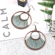 Creative Design Alloy Dangle Earrings, with Yarn, Flat Round, Red Copper, Medium Turquoise, 75x55mm(X-EJEW-F238-20F)