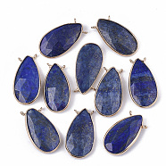 Natural Lapis Lazuli Pendants, with Golden Tone Brass Open Back Settings, Faceted, Teardrop, 29~30x16x6mm, Hole: 1.6mm(G-S359-055C)
