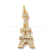 Brass Cubic Zirconia Pendants, with Jump Ring, Eiffel Tower, Real 14K Gold Plated, 21.5x19x2.5mm, Hole: 3.5mm(KK-M278-15G)
