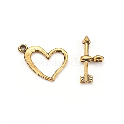 Alloy Toggle Clasps, Heart and Arrow, Antique Golden, Heart: 13x17x1mm, Hole: 1.2mm, Arrow: 18x8x3mm, Hole: 1.5mm(TIBE-L003-020AG)