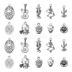 100Pcs 10 Style Tibetan Style Alloy Pendants, Cadmium Free & Lead Free, Mexican Day of the Dead, Skull & Flower & Cactus, Antique Silver, 17~25x9~17x2~5mm, Hole: 2mm, 10pcs/style(TIBEP-CJ0001-85)
