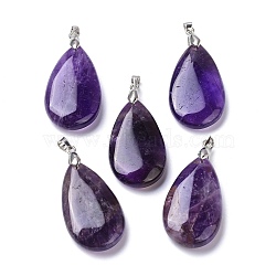 Natural Amethyst Pendants, with Brass Finding, Teardrop, 35x20x7.5~9mm, Hole: 4x3.5mm(G-D084-01P-B03)