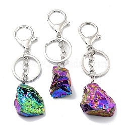 Electroplated Natural Quartz Crystal Keychain, with Platinum Plated Iron Split Key Rings, Nuggets, Colorful, 10~10.8cm(KEYC-M022-06)
