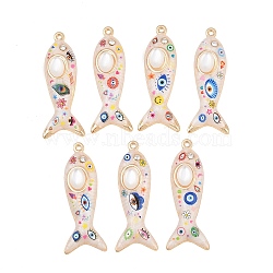 Printed Alloy Enamel Pendants, Fish with Evil Eye Pattern Charms, with Rhinestone and Resin Imitation Cat Eye, Cadmium Free & Nickel Free & Lead Free, Rack Plating, Golden, 43.5x16.5x6.5mm, Hole: 1.6mm(RB-CBAA915-02G)