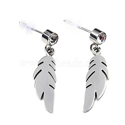 201 Stainless Steel Dangle Stud Earrings, with Clear Cubic Zirconia, Feather, Stainless Steel Color, 26mm, Pin: 0.8mm(EJEW-T008-JN749)