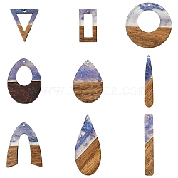 18Pcs 9 Styles Transparent Resin & Walnut Wood Pendants, Slate Blue, 27.5~51.5x7.5~38x3~3.5mm, Hole: 1.5~2mm, 2pcs/style(RESI-FS0001-78)