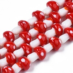 Mushroom Handmade Lampwork Beads Strands, Red, 12.5~14x10~11mm, Hole: 1.2~1.5mm, about 24~25pcs/strand, 12.20 inch~12.99 inch(31cm~33cm)(LAMP-R116-13A)