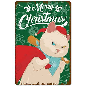 Tinplate Sign Poster, Vertical, for Home Wall Decoration, Rectangle with Word Merry Christmas, Cat Pattern, 200x300x0.5mm