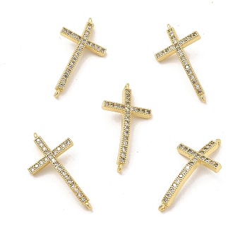 Brass Micro Pave Clear Cubic Zirconia Connector Charms, Religion Cross Links, Real 18K Gold Plated, 31x16x3.5mm, Hole: 1.2mm