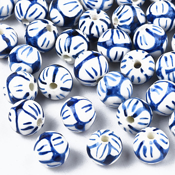 Handmade Porcelain Beads, Blue and White Porcelain, Round, Blue, 12mm, Hole: 2mm
