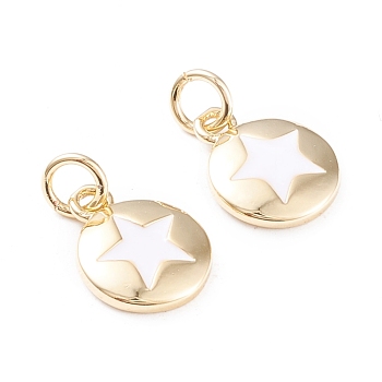 Brass Enamel Charms, with Jump Rings, Long-Lasting Plated, Flat Round with Star, White, Real 18K Gold Plated, 12.5x10x2mm, Hole: 3mm
