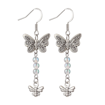 Butterfly & Bees Alloy Dangle Earrings for Women, with Brass Earring Hooks and Acrylic Beads, Antique Silver, 54x17mm