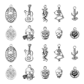 100Pcs 10 Style Tibetan Style Alloy Pendants, Cadmium Free & Lead Free, Mexican Day of the Dead, Skull & Flower & Cactus, Antique Silver, 17~25x9~17x2~5mm, Hole: 2mm, 10pcs/style