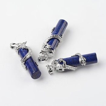 Tube Natural Lapis Lazuli Pendants, with Dragon Brass Findings, Platinum, 48x15x10mm, Hole: 7x5mm