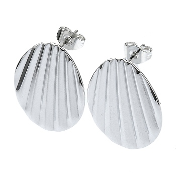 201 Stainless Steel Stud Earrings, with 304 Stainless Steel Pins, Grooved Oval, Stainless Steel Color, 21.5x18.5mm
