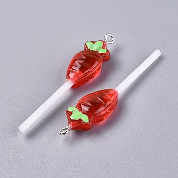 Resin Big Pendants, with Platinum Plated Iron Loop, Imitation Lollipop, Carrort , Red, 53x11x8mm, Hole: 2mm