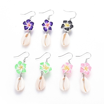 Brass Dangle Earrings, with Shell and Handmade Polymer Clay Plumeria Flower, Mixed Color, 53mm