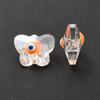 Evil Eye Glass Butterfly Beads, with Enamel, Faceted, AB Color Plated, Orange, 12x15x9mm, Hole: 1.2mm