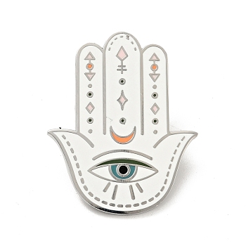 Hamsa Hand with Evil Eye Enamel Pin, Platinum Plated Alloy Badge for Backpack Clothes, White, 35x28x1.5mm