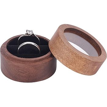 Walnut Wooden Engagement Ring Boxes, Jewelry Box Storage Case, with Clear Window and Sponge inside, Fit for 2Pcs Rings, Column, Coffee, 5x3.55cm