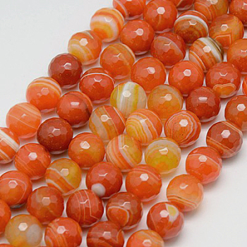 Natural Striped Agate/Banded Agate Beads Strands, Faceted, Dyed, Round, Orange Red, 6mm, Hole: 1mm, about 62pcs/strand, 15 inch
